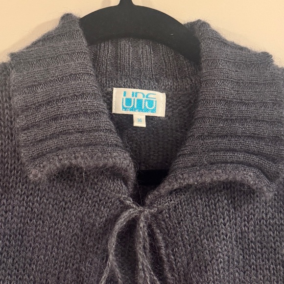 Vintage euro Charcoal Pom Pom tie knit Cardigan Sweater - fits like small - Picture 2 of 12